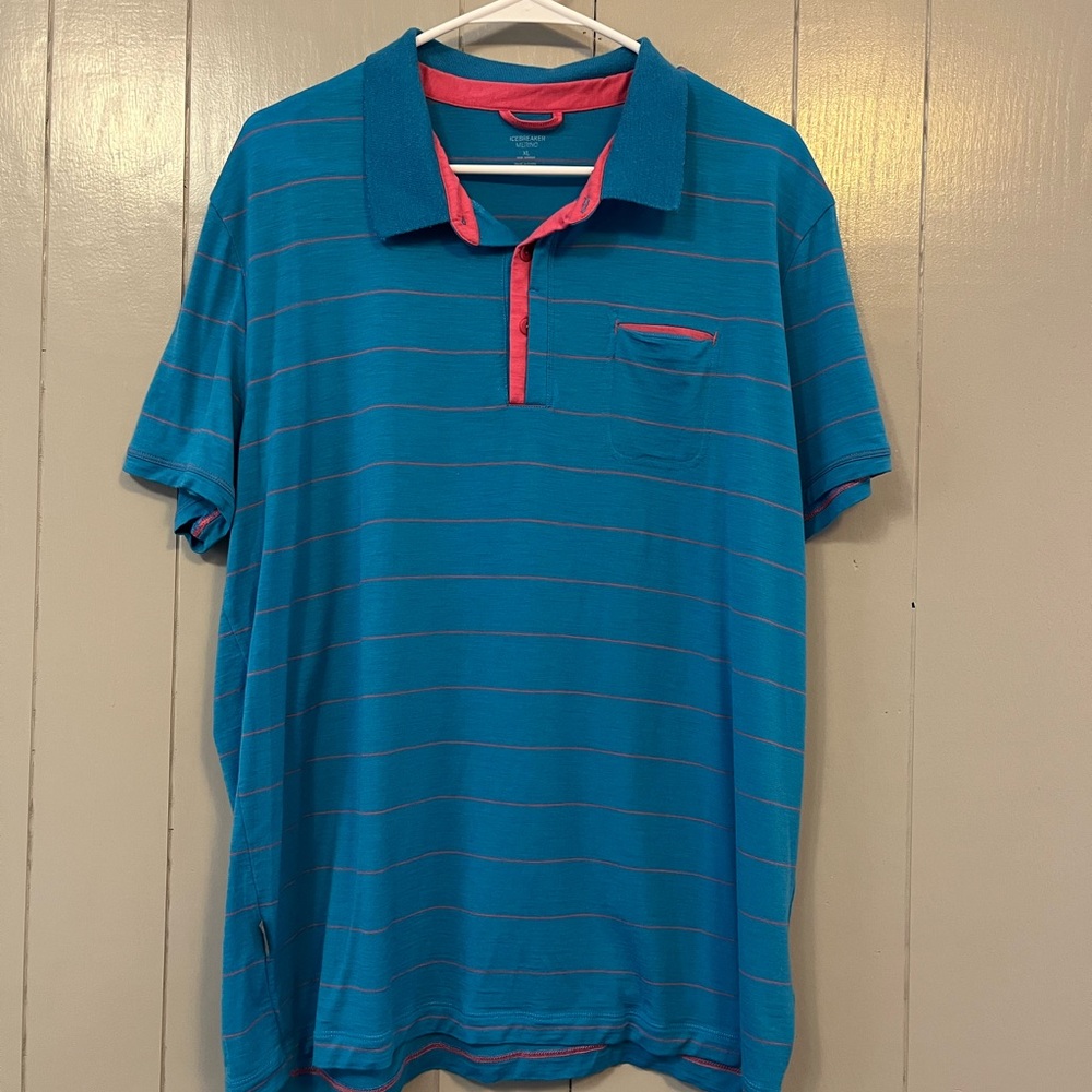 Icebreaker Merino XL Wool Bright Blue Pink Stripe Button Polo Casual Shirt